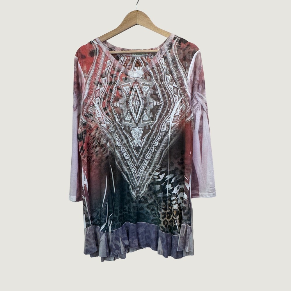 Cactus Tunic Top XL Multicolor Boho‎ Animal Print Rhinestone Tribal Mesh Hem